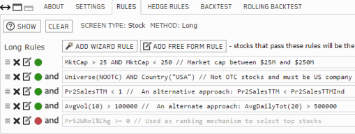 Portfolio123 RULES tab